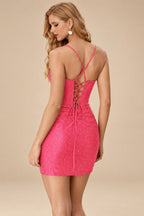 Rutipo Hot Pink Sparkly Hotfix Silk like Satin Bodycon Mini Homecoming Dress Corset Bodice