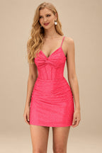 Rutipo Hot Pink Sparkly Hotfix Silk like Satin Bodycon Mini Homecoming Dress Corset Bodice