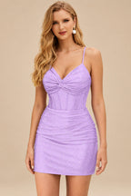 Rutipo Lilac Sparkly Hotfix Silk like Satin Bodycon Mini Homecoming Dress Corset Bodice