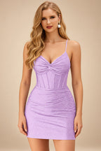 Rutipo Lilac Sparkly Hotfix Silk like Satin Bodycon Mini Homecoming Dress Corset Bodice