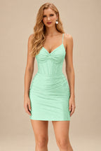 Rutipo Mint Green Sparkly Hotfix Silk like Satin Bodycon Mini Homecoming Dress Corset Bodice
