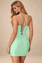 Rutipo Mint Green Sparkly Hotfix Silk like Satin Bodycon Mini Homecoming Dress Corset Bodice