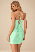 Rutipo Mint Green Sparkly Hotfix Silk like Satin Bodycon Mini Homecoming Dress Corset Bodice