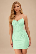 Rutipo Mint Green Sparkly Hotfix Silk like Satin Bodycon Mini Homecoming Dress Corset Bodice