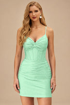 Rutipo Mint Green Sparkly Hotfix Silk like Satin Bodycon Mini Homecoming Dress Corset Bodice