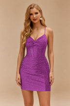 Rutipo Orchid Sparkly Hotfix Silk like Satin Bodycon Mini Homecoming Dress Corset Bodice