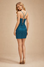 Rutipo Peacock Sparkly Hotfix Silk like Satin Bodycon Mini Homecoming Dress Corset Bodice