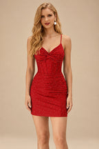 Rutipo Red Sparkly Hotfix Silk like Satin Bodycon Mini Homecoming Dress Corset Bodice
