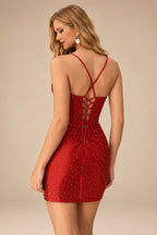 Rutipo Red Sparkly Hotfix Silk like Satin Bodycon Mini Homecoming Dress Corset Bodice