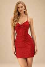 Rutipo Red Sparkly Hotfix Silk like Satin Bodycon Mini Homecoming Dress Corset Bodice
