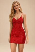 Rutipo Red Sparkly Hotfix Silk like Satin Bodycon Mini Homecoming Dress Corset Bodice