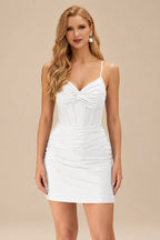 Rutipo White Sparkly Hotfix Silk like Satin Bodycon Mini Homecoming Dress Corset Bodice