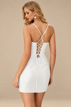 Rutipo White Sparkly Hotfix Silk like Satin Bodycon Mini Homecoming Dress Corset Bodice