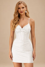 Rutipo White Sparkly Hotfix Silk like Satin Bodycon Mini Homecoming Dress Corset Bodice