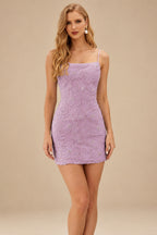 Rutipo Lilac Sheath Floral Beaded Tulle Mini Homecoming Dress with Spaghetti Straps