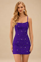 Rutipo Regency Sheath Floral Beaded Tulle Mini Homecoming Dress with Spaghetti Straps