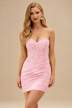 Rutipo Blushing Pink Sheath Strapless Beaded Sequin Corset Silk like Satin Mini Homecoming Dress