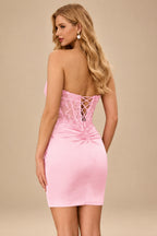 Rutipo Blushing Pink Sheath Strapless Beaded Sequin Corset Silk like Satin Mini Homecoming Dress