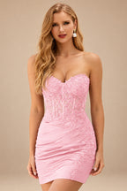 Rutipo Blushing Pink Sheath Strapless Beaded Sequin Corset Silk like Satin Mini Homecoming Dress