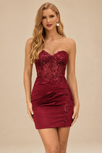 Rutipo Burgundy Sheath Strapless Beaded Sequin Corset Silk like Satin Mini Homecoming Dress