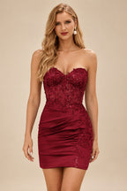 Rutipo Burgundy Sheath Strapless Beaded Sequin Corset Silk like Satin Mini Homecoming Dress