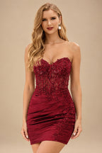 Rutipo Burgundy Sheath Strapless Beaded Sequin Corset Silk like Satin Mini Homecoming Dress