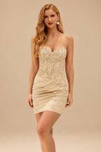 Rutipo Champagne Sheath Strapless Beaded Sequin Corset Silk like Satin Mini Homecoming Dress