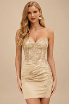 Rutipo Champagne Sheath Strapless Beaded Sequin Corset Silk like Satin Mini Homecoming Dress