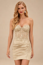 Rutipo Champagne Sheath Strapless Beaded Sequin Corset Silk like Satin Mini Homecoming Dress