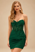 Rutipo Dark Green Sheath Strapless Beaded Sequin Corset Silk like Satin Mini Homecoming Dress