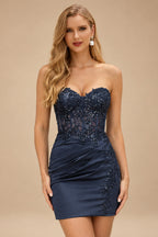 Rutipo Dark Navy Sheath Strapless Beaded Sequin Corset Silk like Satin Mini Homecoming Dress