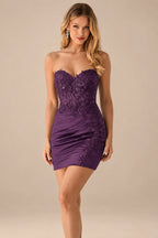 Rutipo Grape Sheath Strapless Beaded Sequin Corset Silk like Satin Mini Homecoming Dress