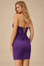 Rutipo Grape Sheath Strapless Beaded Sequin Corset Silk like Satin Mini Homecoming Dress