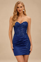 Rutipo Navy Blue Sheath Strapless Beaded Sequin Corset Silk like Satin Mini Homecoming Dress