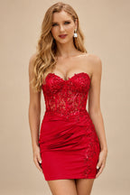 Rutipo Red Sheath Strapless Beaded Sequin Corset Silk like Satin Mini Homecoming Dress