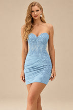 Rutipo Sky Blue Sheath Strapless Beaded Sequin Corset Silk like Satin Mini Homecoming Dress