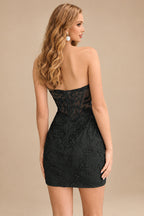 Rutipo Black Sheath Strapless Ruched Corset Floral Lace Mini Homecoming Dress