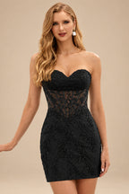 Rutipo Black Sheath Strapless Ruched Corset Floral Lace Mini Homecoming Dress