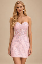 Rutipo Blushing Pink Sheath Strapless Ruched Corset Floral Lace Mini Homecoming Dress
