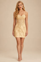 Rutipo Champagne Sheath Strapless Ruched Corset Floral Lace Mini Homecoming Dress