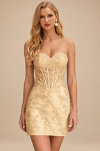 Rutipo Champagne Sheath Strapless Ruched Corset Floral Lace Mini Homecoming Dress