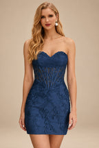 Rutipo Dark Navy Sheath Strapless Ruched Corset Floral Lace Mini Homecoming Dress