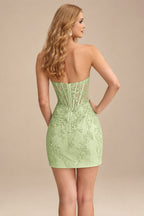 Rutipo Dusty Sage Sheath Strapless Ruched Corset Floral Lace Mini Homecoming Dress