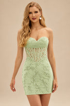 Rutipo Dusty Sage Sheath Strapless Ruched Corset Floral Lace Mini Homecoming Dress