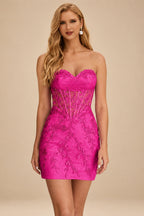 Rutipo Fuchsia Sheath Strapless Ruched Corset Floral Lace Mini Homecoming Dress