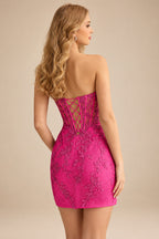 Rutipo Fuchsia Sheath Strapless Ruched Corset Floral Lace Mini Homecoming Dress