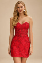 Rutipo Red Sheath Strapless Ruched Corset Floral Lace Mini Homecoming Dress
