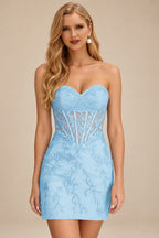 Rutipo Sky Blue Sheath Strapless Ruched Corset Floral Lace Mini Homecoming Dress