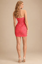 Rutipo Watermelon Sheath Strapless Ruched Corset Floral Lace Mini Homecoming Dress