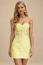 Rutipo Yellow Sheath Strapless Ruched Corset Floral Lace Mini Homecoming Dress